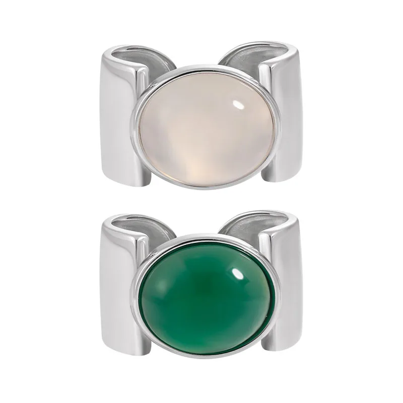 Bijoux Fashion 925 Sterling Silver Wide Chunky White Agate Green Chalcedony Rings For Women 925 Sterling Silver Luxury Jewelry