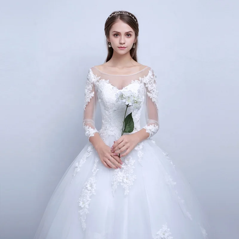 2022 Applique Tulle Mesh Princess Ball Gown Lace Satin Sexy Long Sleeve Ladies Bride Wedding Dress Glitter