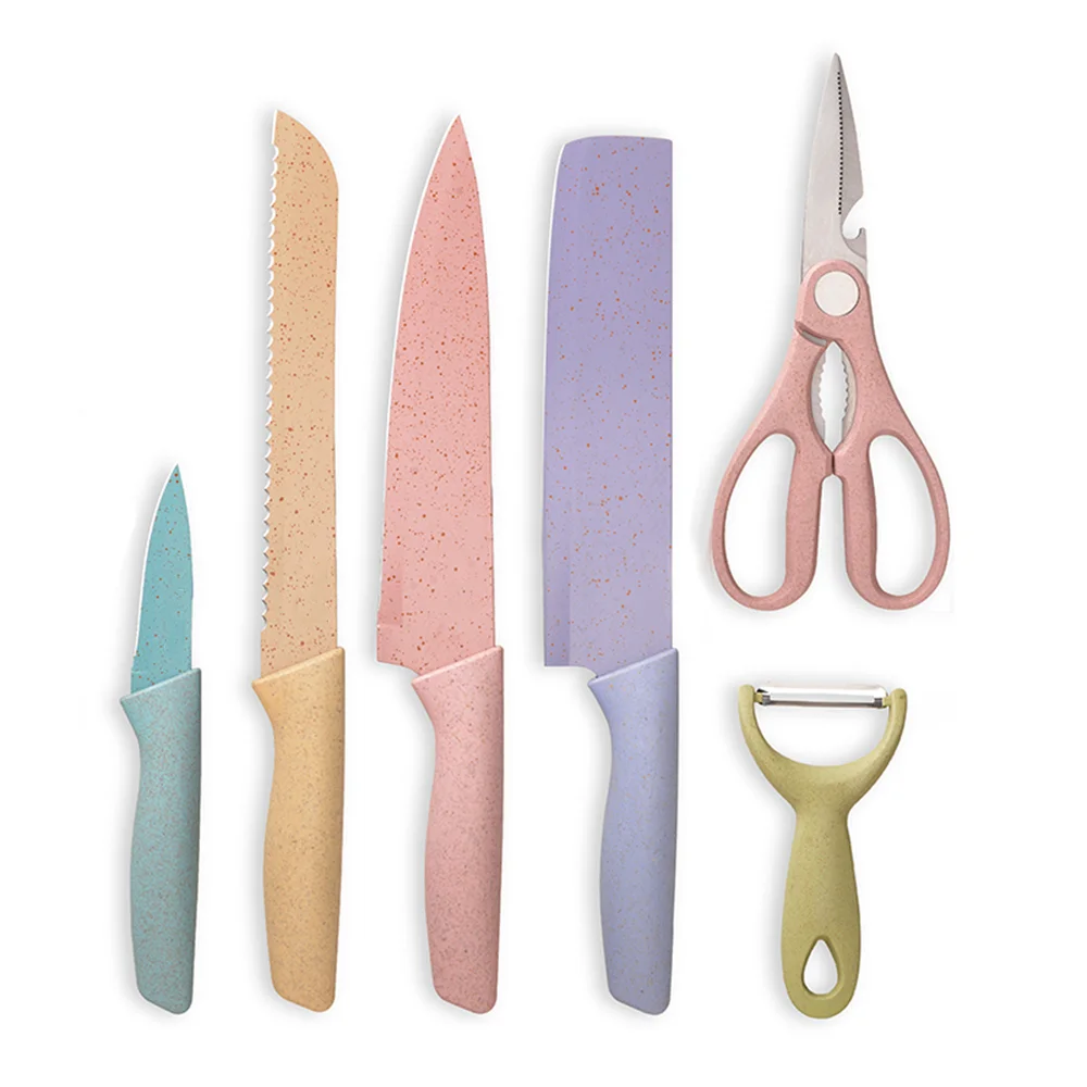 Colorful Wheat Straw Stainless Steel Chef Kitchen Knife Set with gifts box cutting board scissors tools knives & accessories