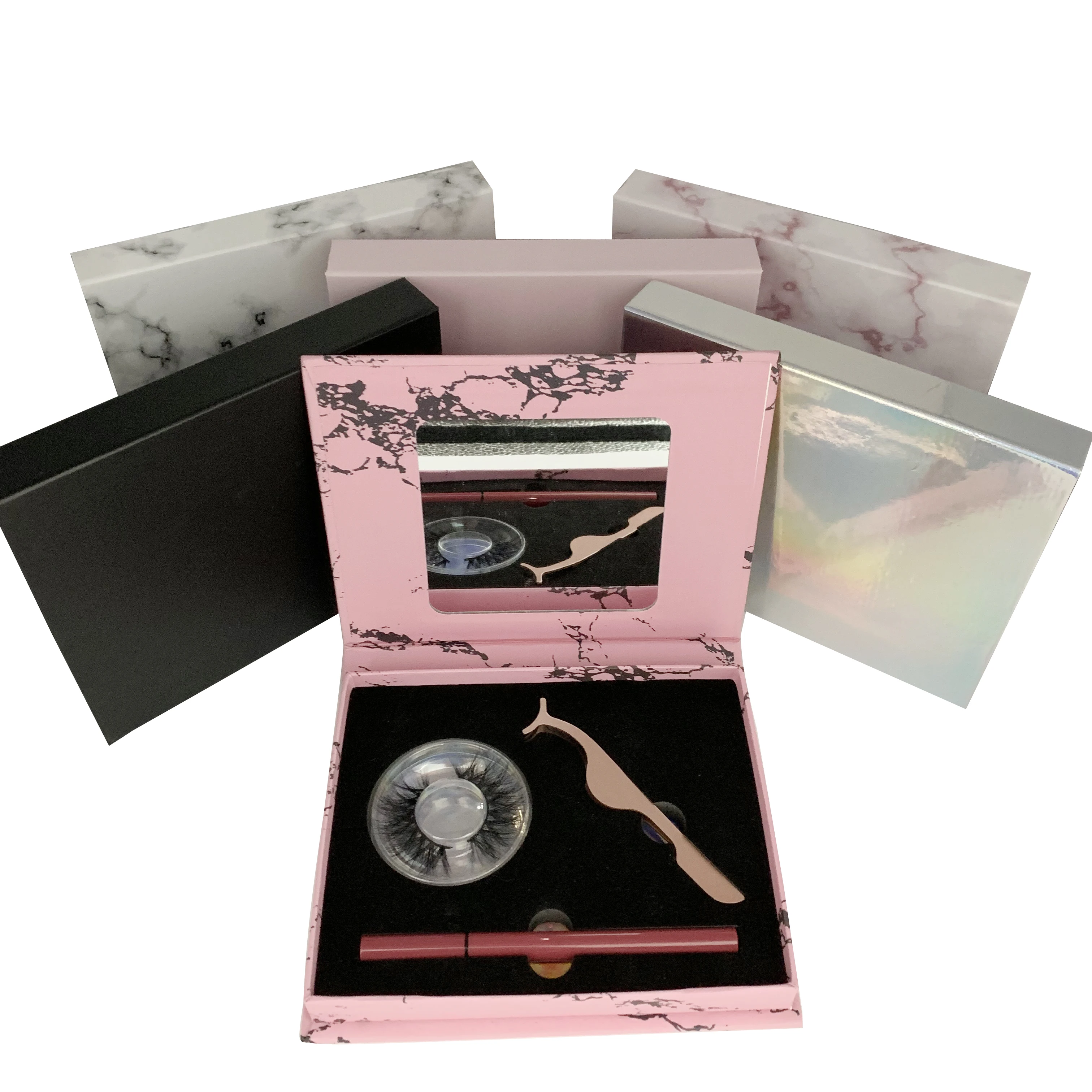 Custom Mirror False Eyelash Packaging Box Magnetic 3 Pairs Real Mink Eye Lash Extension Kit With Lashes Applicator and Glue