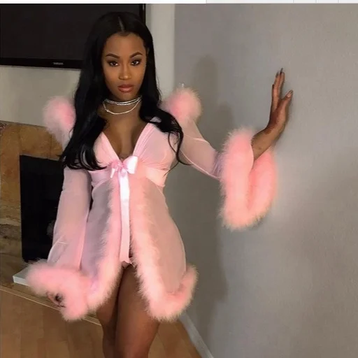 
Y10343U Designer Lace Fur Trim Robes Women Sexy Lingerie Plus Size Panties Set Longue de mariage Femme Satin Belt Bathrobes 