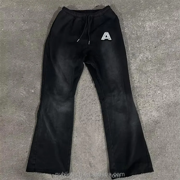 Custom Acid Wash Tracksuit Cotton Embroidery Sweat Suit Flared Sweatpants And Silk Lined Hoodies Set Distressed Sweatsuits Men