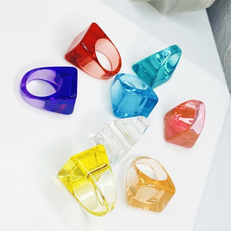 2021 Wholesale Candy Colorful Transparent Resin Acrylic Women Geometric Square Ring For Girl Finger Party Jewelry