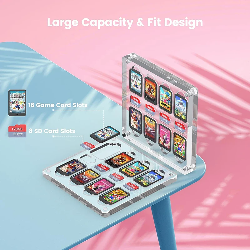 Custom Acrylic Game Card Holder Game Storage Case Box for Shockproof Cartridge Holder with 16 Games Card & 8 SD Cards