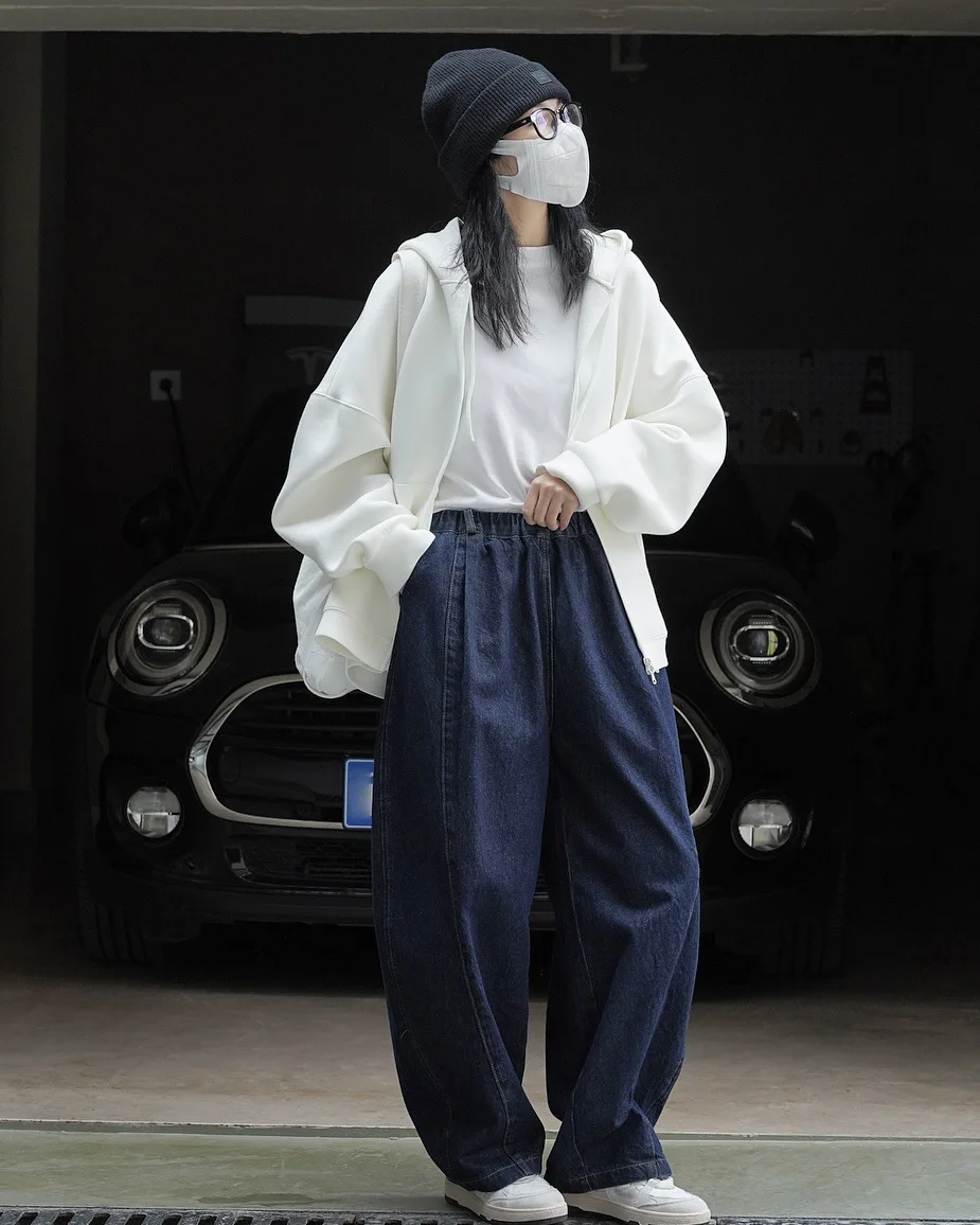 Autumn New Korean Version Japanese Casual Curved High Waist Wide Leg Jeans for Women Denim Slimming Pants Pockets Decoration