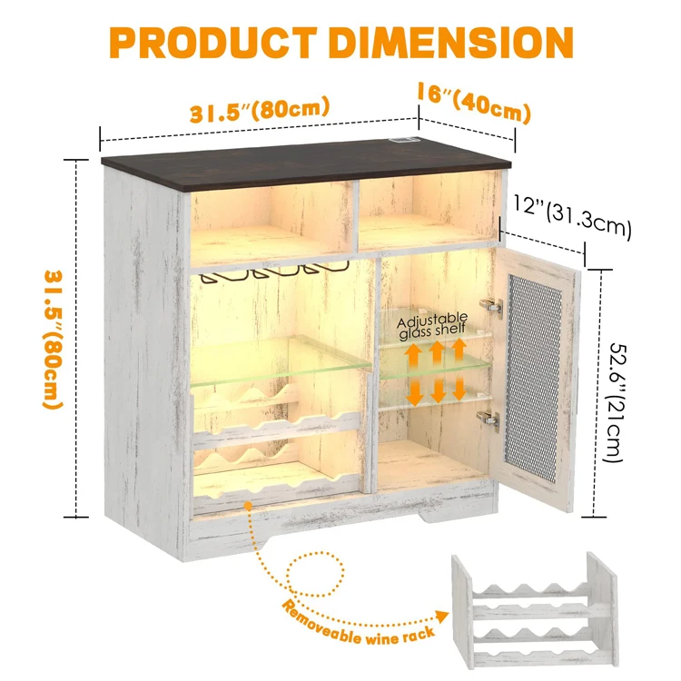Home Living Dining Room Farmhous Power Outlet Wine Coffee Bar Cabinet Kitchen Sideboard LED Strip Liquor Buffet Rack Cabinet