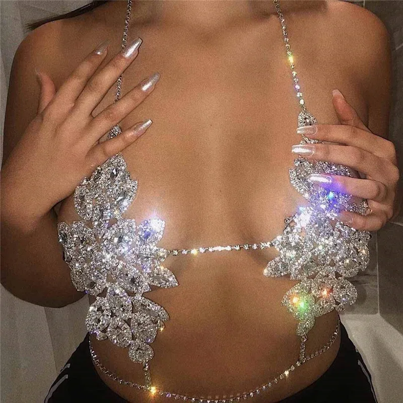 WC1368A Women Rhinestone Sexy lingerie Body Chain Bra Jewelry Party Night Club Shiny Diamond Metal Backless Halter Bralette Top