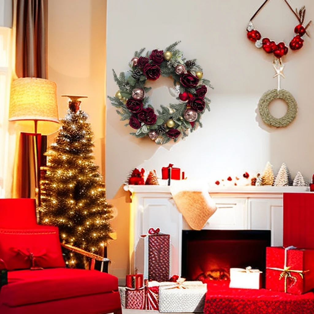 New Design High Quality peony ball pine cone garland flowers door/wall hanging christmas decoration supplies