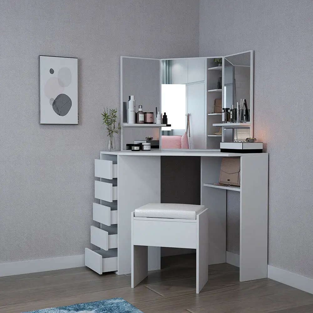 White Corner Dressing Table Stool Vanity Set White Makeup Dresser Mirror 5 Drawers