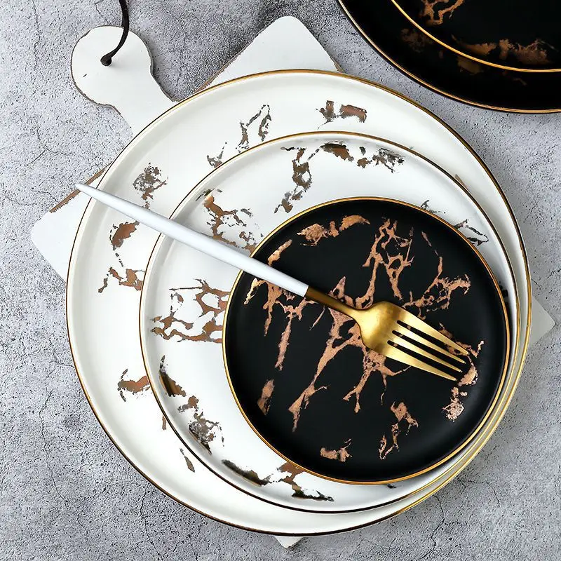 Wholesale Tableware Nordic Style Black Marble Design Dishes Round Ceramic Plates Sets Porcelain Dinnerware Flat Restaurant Plate