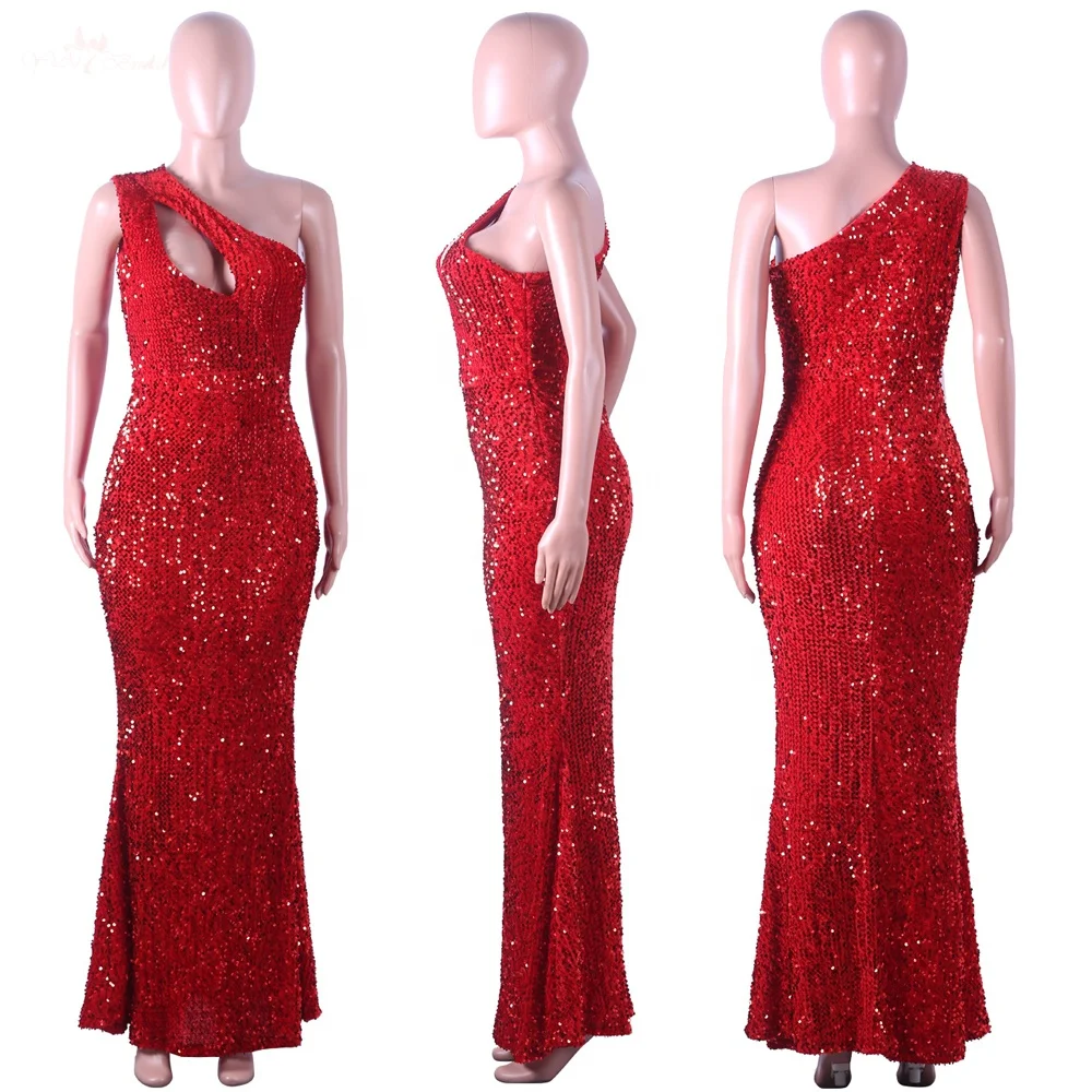 LZF146 One Shoulder Sleeveless Mermaid Prom Dress Shiny Red Sequined Evening Dresses