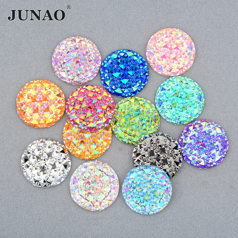 JUNAO Wholesale 8 10 12 14 16 18 20 30mm Non Hotfix Flatback Strass Big Round Crystal AB Resin Rhinestone for Crafts