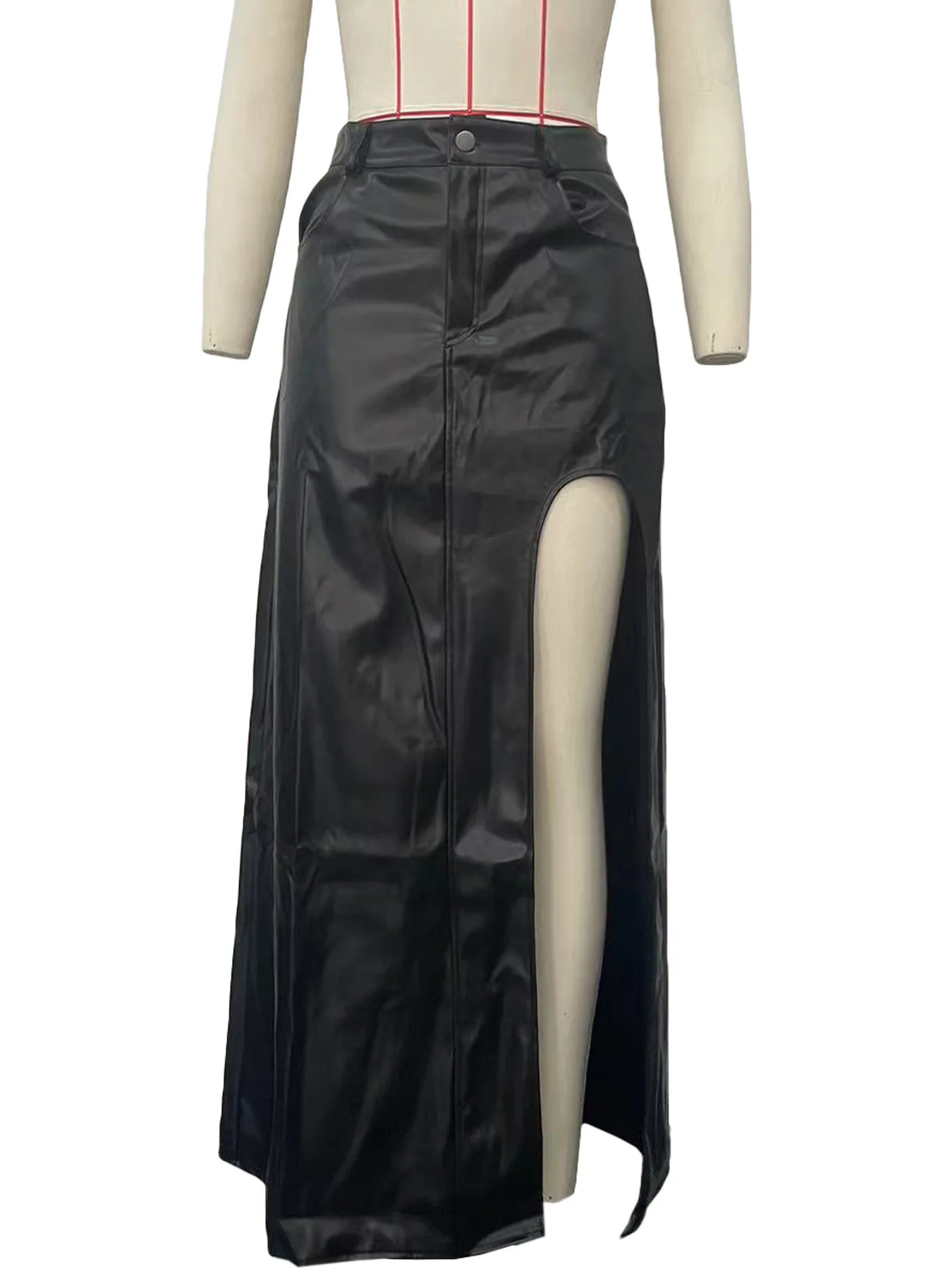 Elegant High Side Split Faux Leather Skirt for Women 2023 Winter Street Wear Sexy Party Fashion Maxi Long Midi PU Skirts