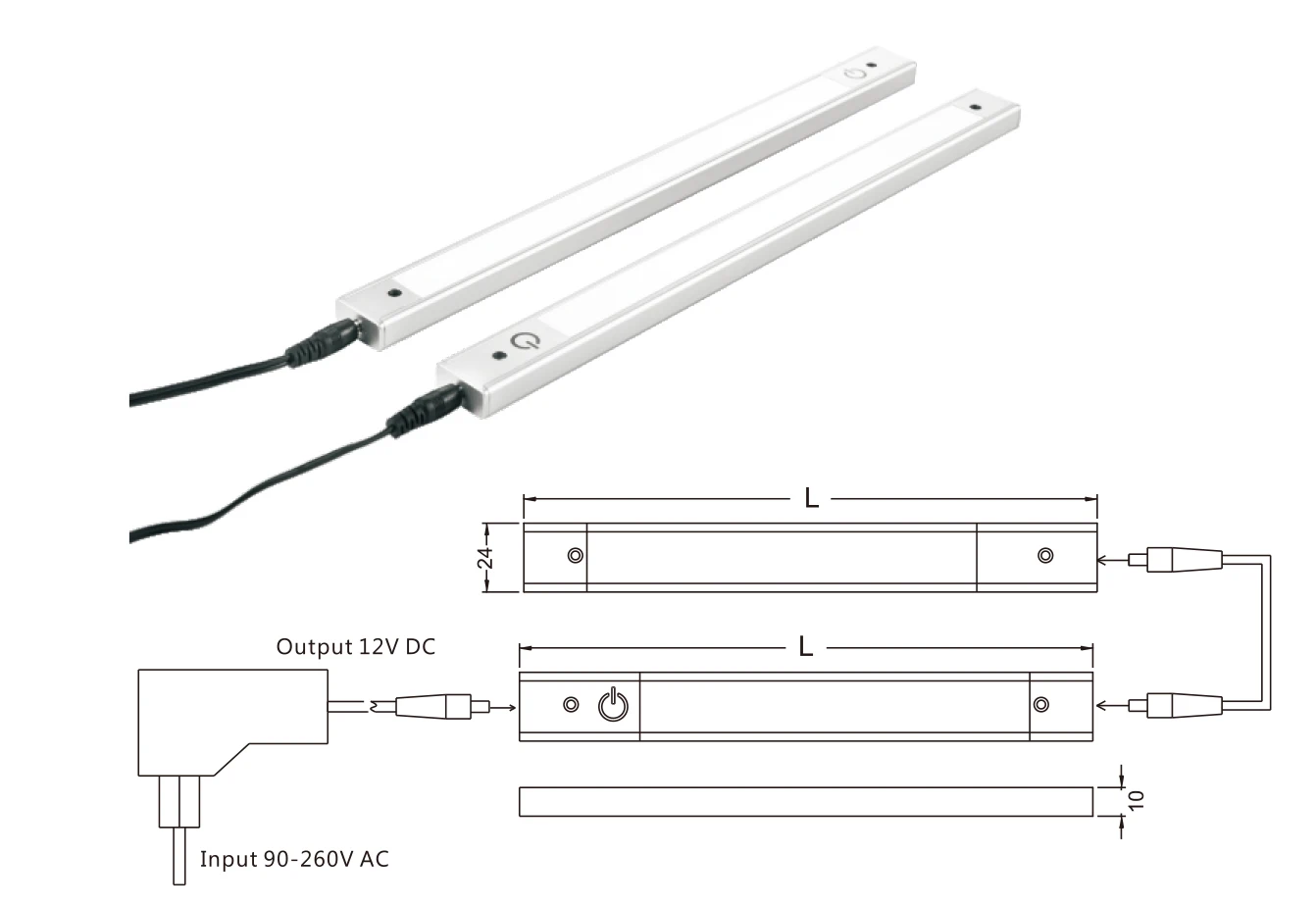Led aluminium Rigid hard Strip Light Bar With Touch on & off  Switch for kitchen under cabinet  with PMMA opal matte cover