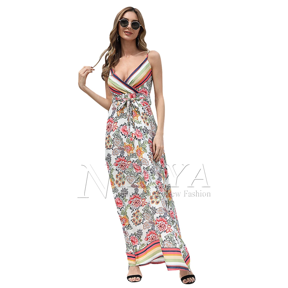 New summer wholesale Floral  print Floor-length backless sleeveless V-neck empire wrap Woman casual  Dress