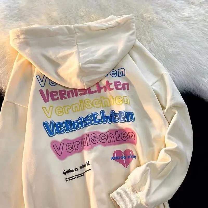 American love broken letter back foam print female hooded cardigan hoodie spring and autumn thin loose zipper coat