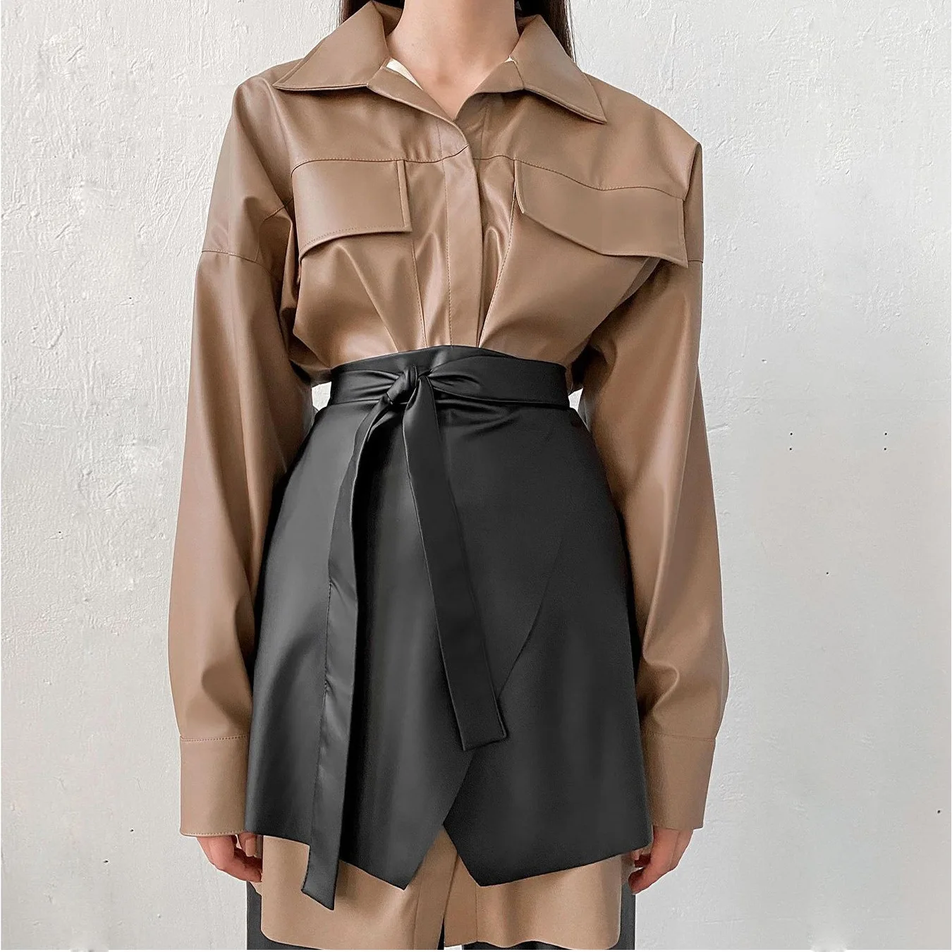 Women Fashion Solid color bandage fashion PU  leather skirt waist skirt