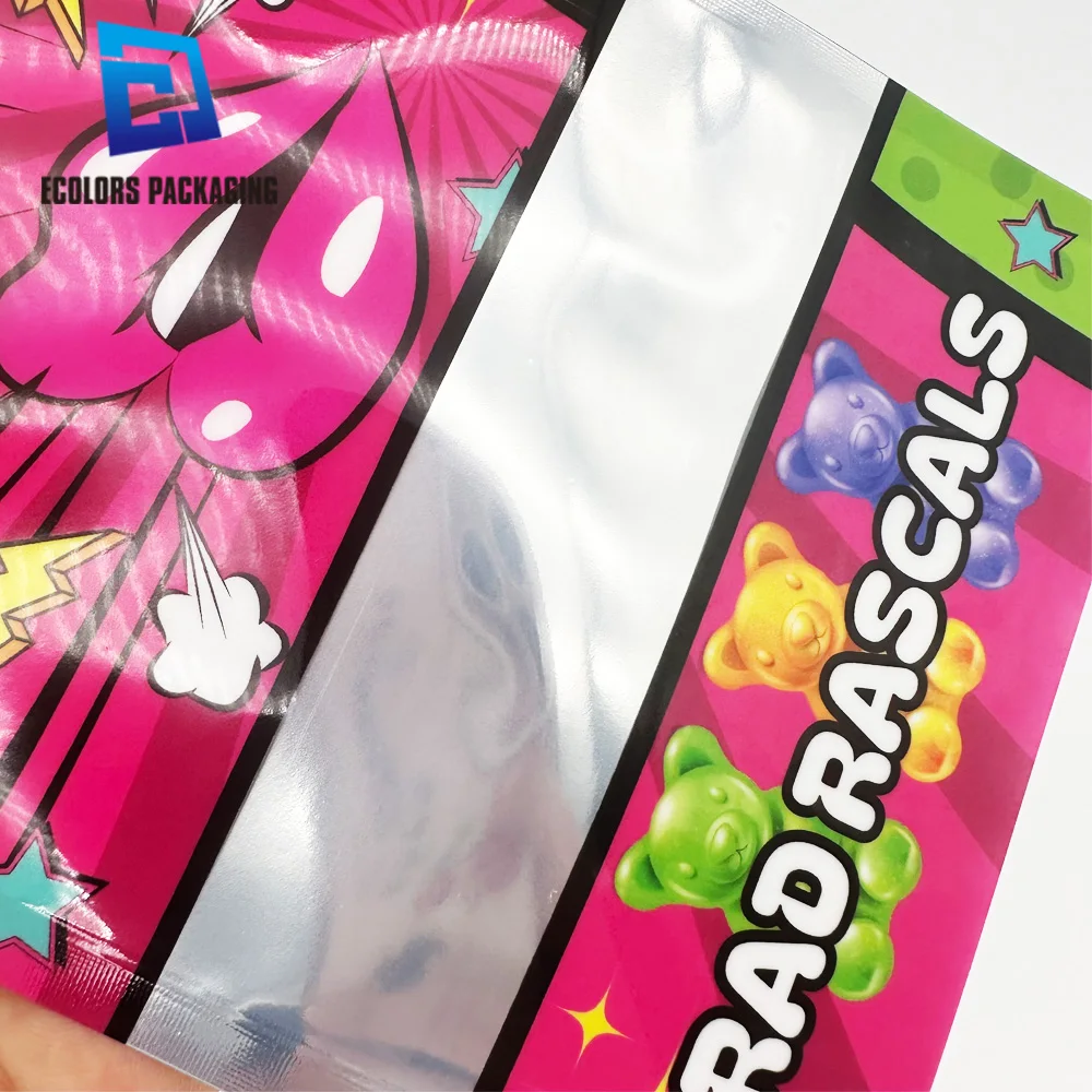 wholesale low moq recyclable custom printed heat sealing sugar sweet candy plastic bag 3 side seal flat pouches with window