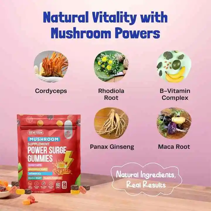 Paddenstoelensupplement PowerSurge Gummies Met Cordyceps Maca Root Panax Ginseng Vitamine B12 Rhodiola Energy Wellnesssupplement
