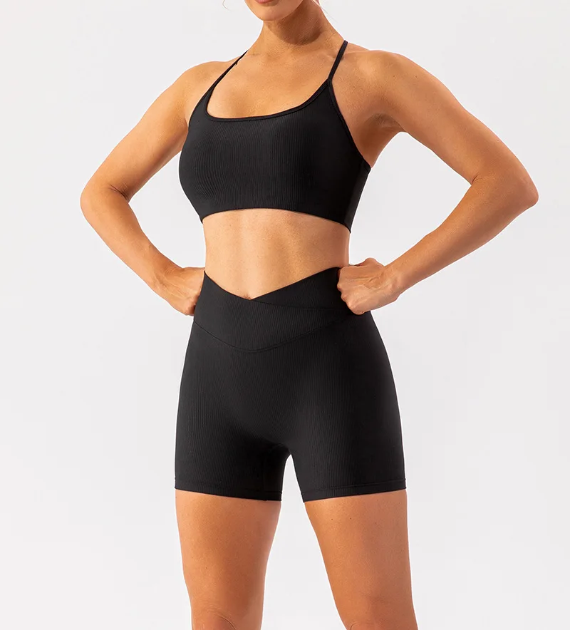 custom ribbed Shockproof seamless T Back Sports Bra Padded Racerback Spaghetti Thin Strap Workout Yoga Bra gym bra for women