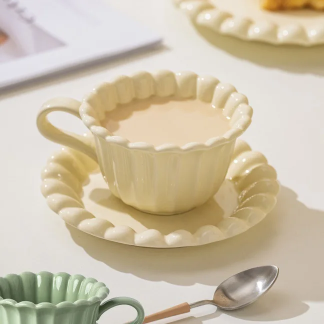 ins Korean Simple Lace Petal Edge Luxury Afternoon Tea Ceramic Coffee Cup And Saucer Set