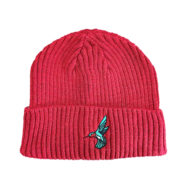 adult OEM ODM custom logo knitted jacquard acrylic winter beanie hat without cuff