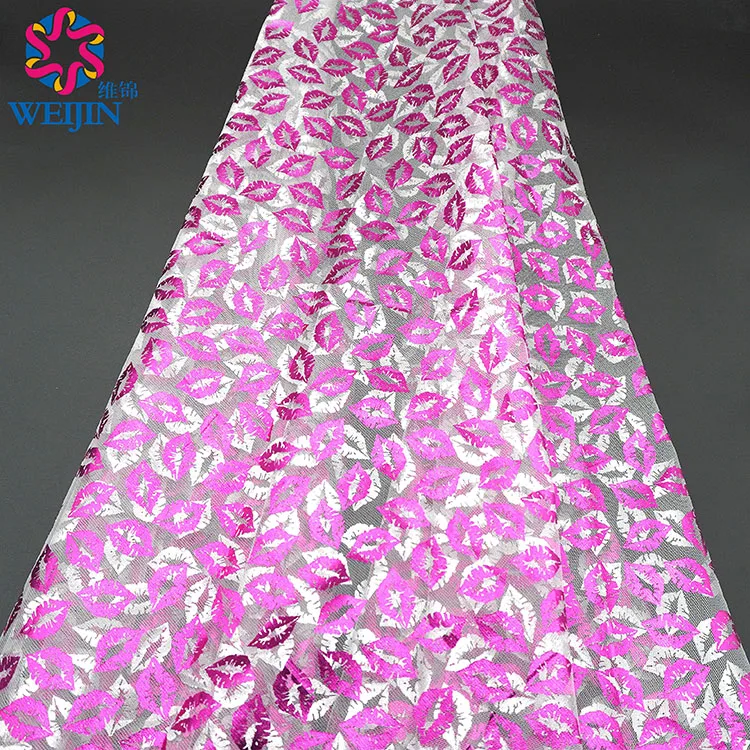 New gold-plated printed rose red lip print chiffon lace fabric shiny mesh fabric formal dress stage skirt