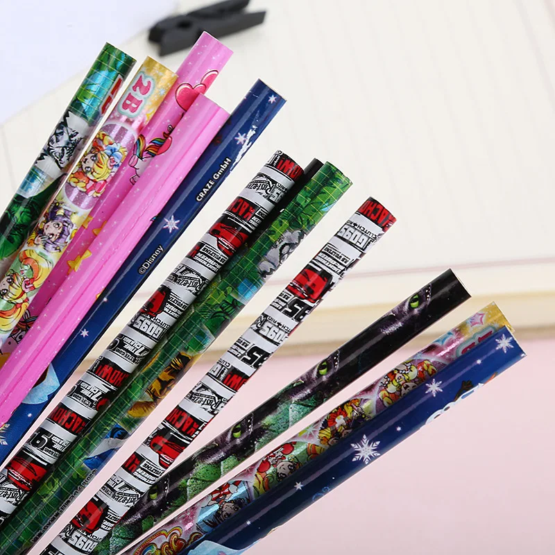 Pencil manufacturers customize color printing film thermal transfer kids HB 2B cartoon round pencil with eraser