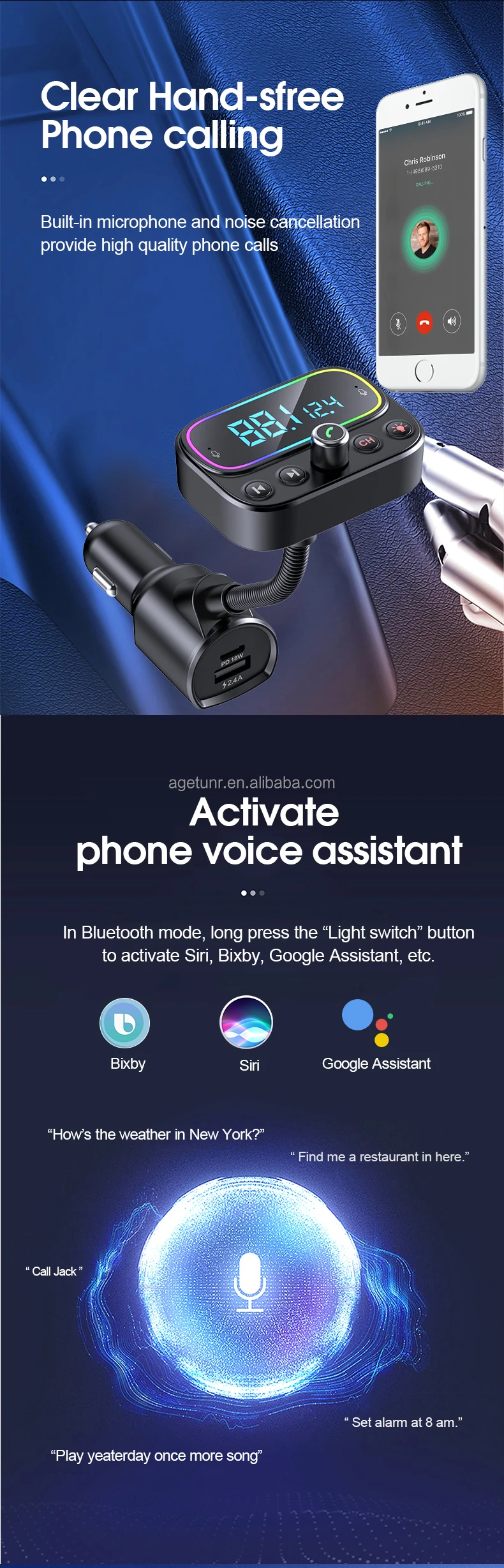 AGETUNR T67 BT V5.0 USB Type-c Handsfree Qc3.0 Fast Car Charger MP3 Player AUX Out Dual Mic Fm Transmitter Modulator for Car
