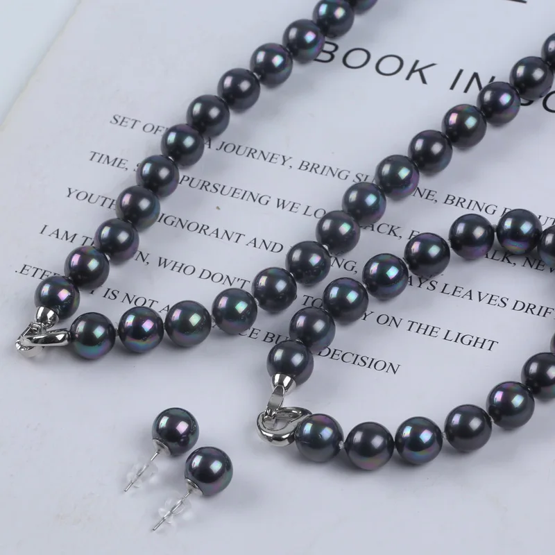 Hot selling fashion 10mm Tahitian Black color shell pearl necklace jewelry set for woman