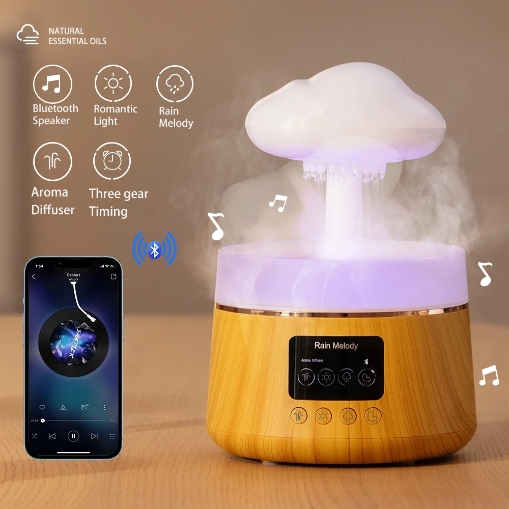Bedroom table lamp OEM remote water drip mushroom raining cloud h2o air humidifier with smart speaker