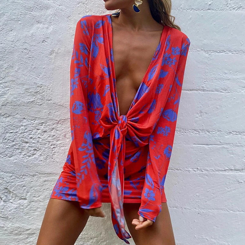 
Floral Print Dress Women Sexy Deep V-neck Long Sleeve Beach Bikini Cover Up Dress 2020 