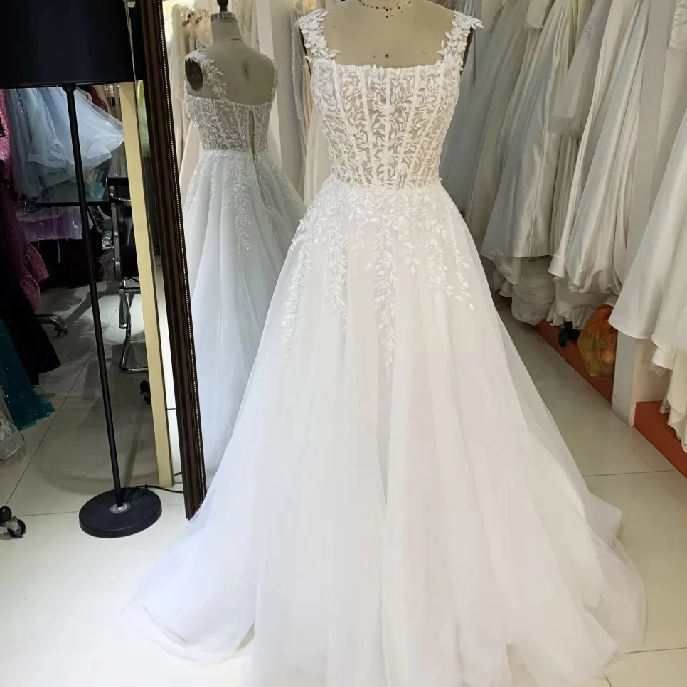 Factory wholesale white sleeveless tulle embroidery long tail simple elegant A line wedding dresses