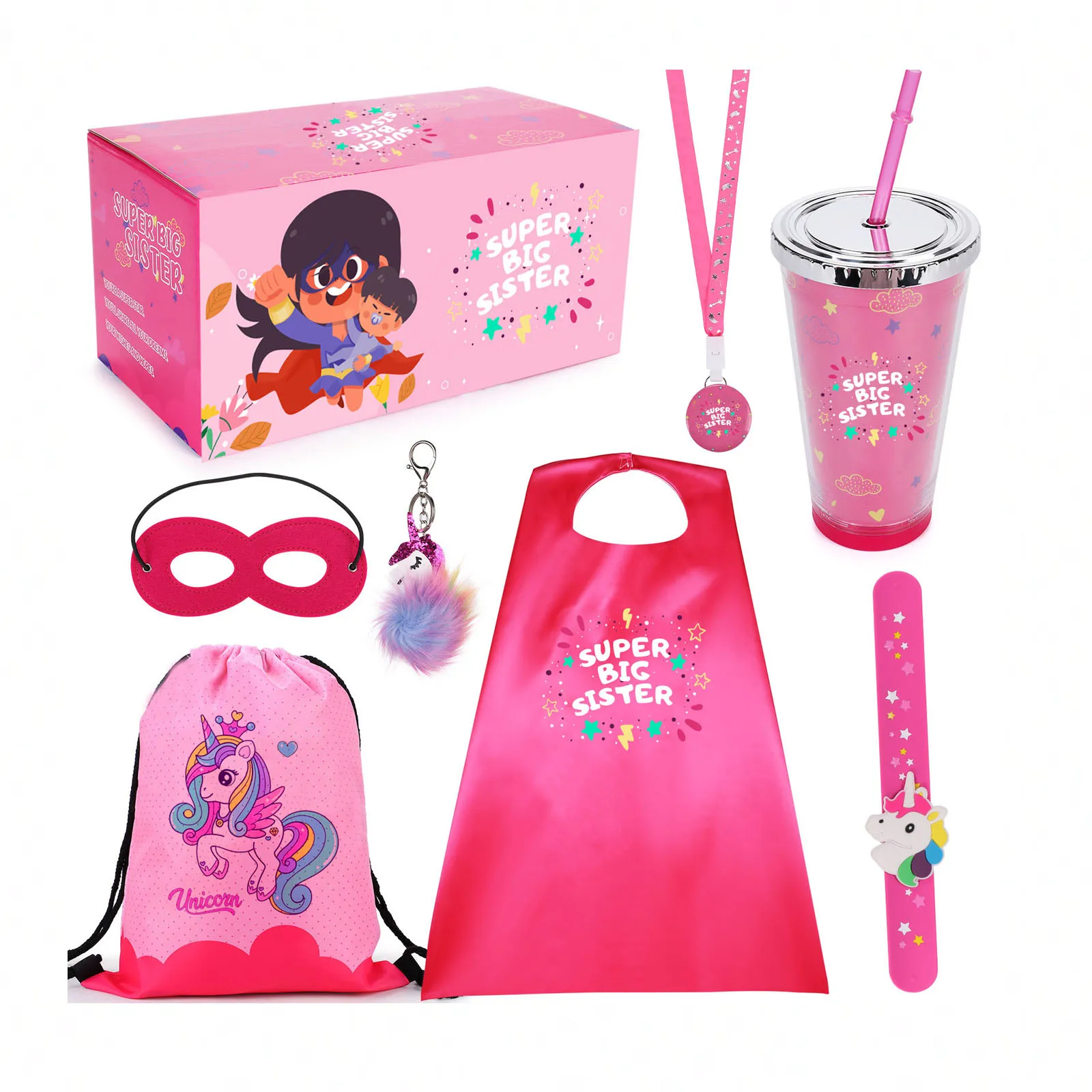 Big Sister Gifts Set with Superhero Cape Eyemask Unicorn Slap Bracelets Necklace, Drawstring Backpack, Big Sister Gifts box Set