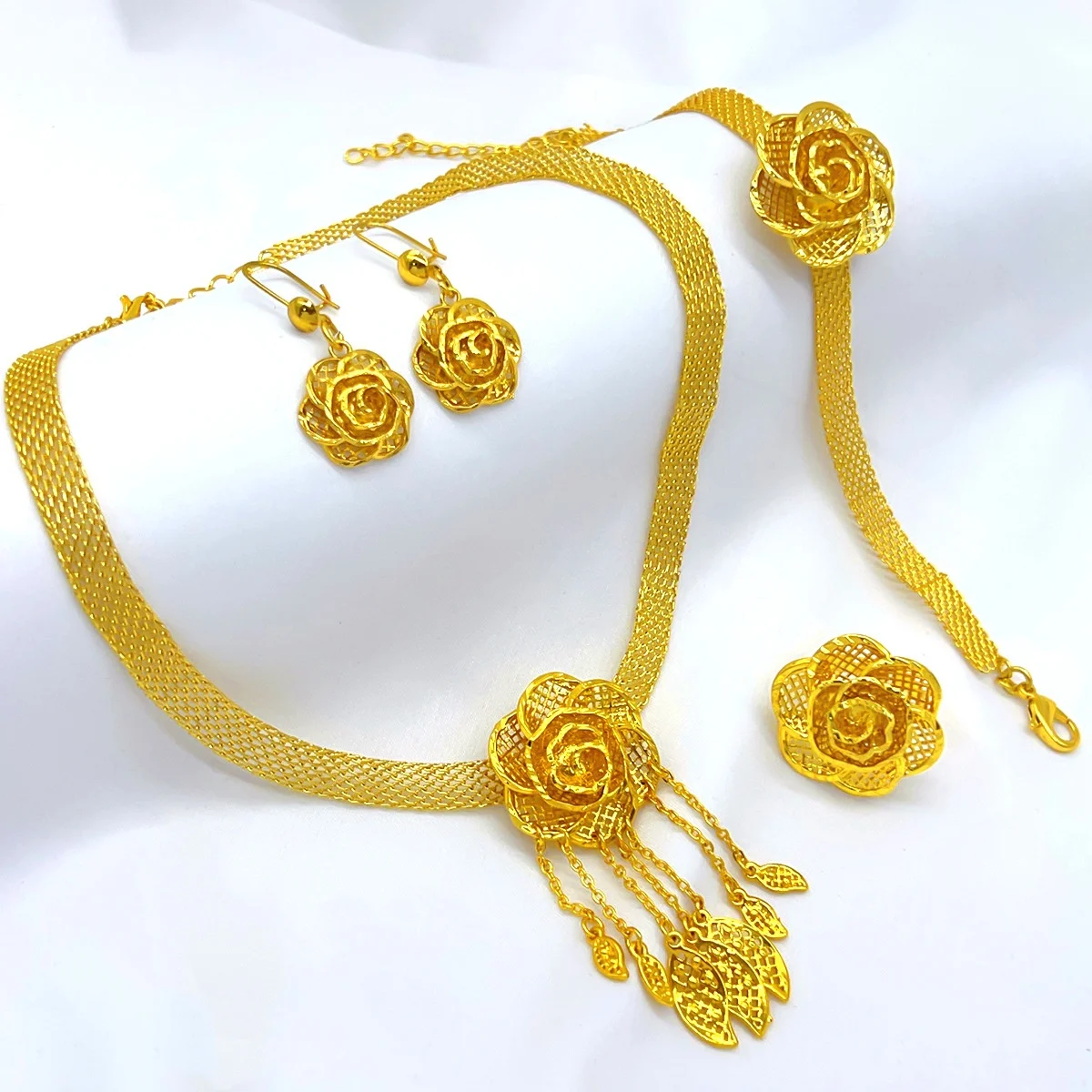 Indian Luxury Necklace Jewelry Sets For Women Dubai Gold Color African Arabic Wedding Bridal Collection Sets Earring Jewellery