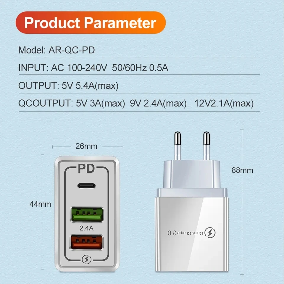 PD Fast Charger QC 3.0 Fast Wall Charger Adapter Plug Type C USB Charger for Samsung For iPhone Tablet