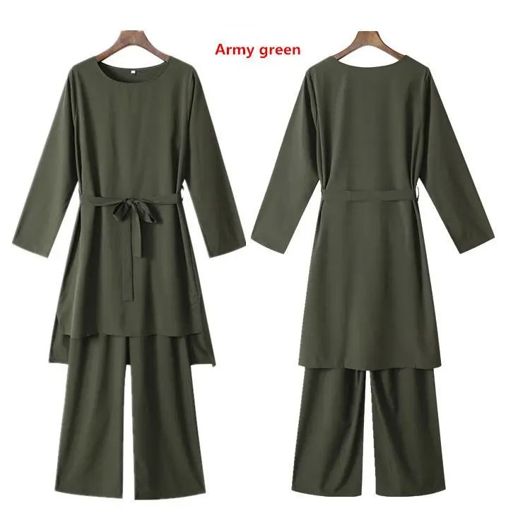 Women Spring indonesia Muslim clothing Casual belted ethnic Top Long Robe with Pant Two Piece Elegant Outfit Set