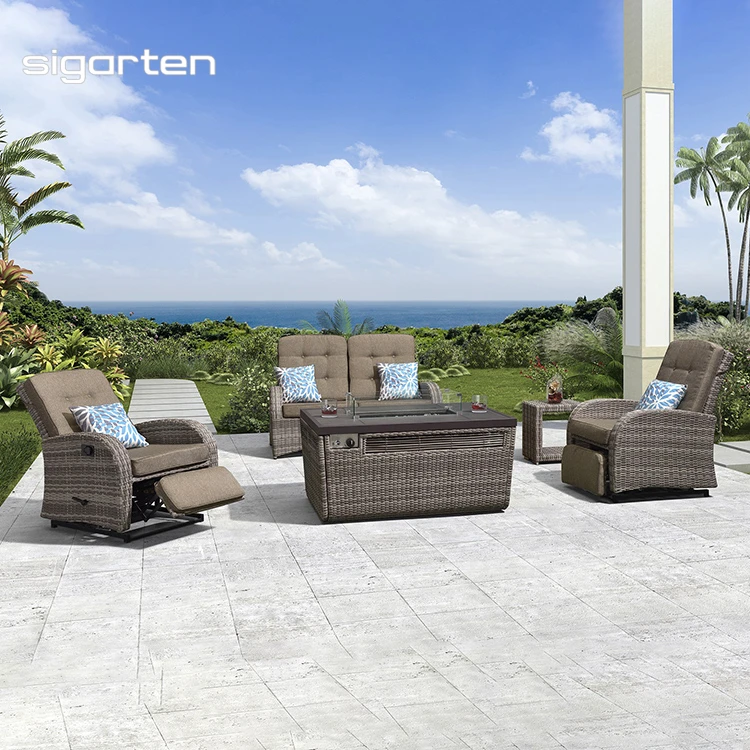 Modern Backyard Lounge Garden Sofa Set With Rectangular Gas Fire Pit