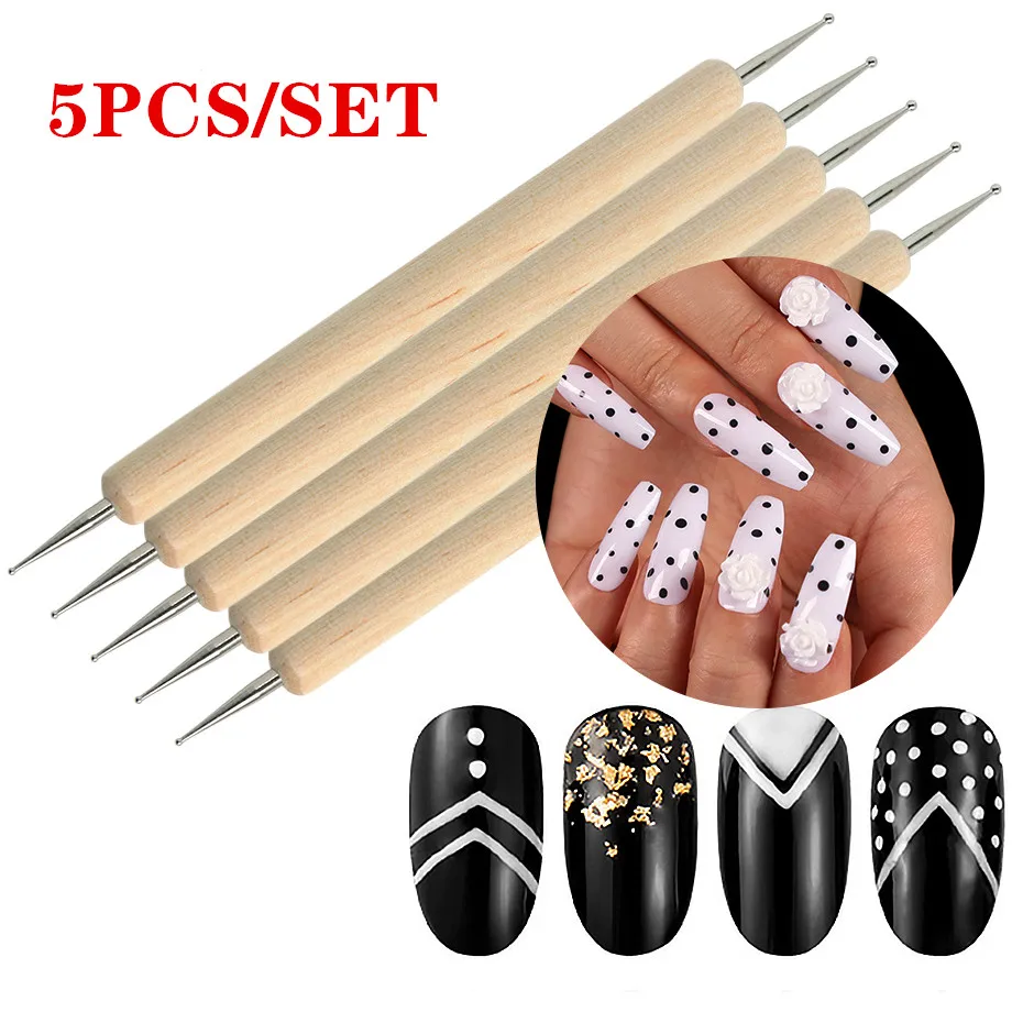 5pcs 2 Way Wooden Handle Dotting Pen Drawing Gel Polish Painting Brushes Nail Art Dot Doting Tools