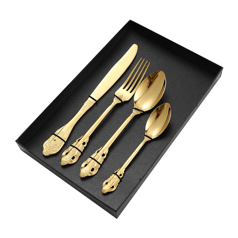 Luxury palace stainless steel retro relief cutlery 4 pcs set restaurant steak knife fork spoon silverware cutlery set