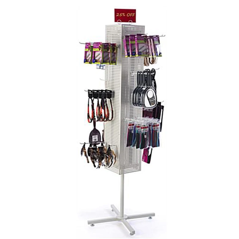 Supermarket retail store movable floor display stand rack shelf metal pegboard hooks organizer