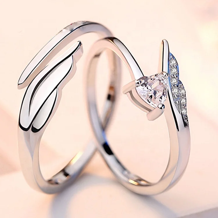 Fashion Angel Wing Couple Ring Zircon Wedding Engagement Ring 925 Sterling Silver