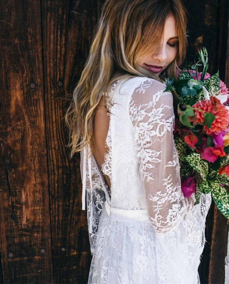 11170#Lace V Neck Bridal Dress Long Sleeve Sweep Train Bohemian Boho Beach Wedding Gown