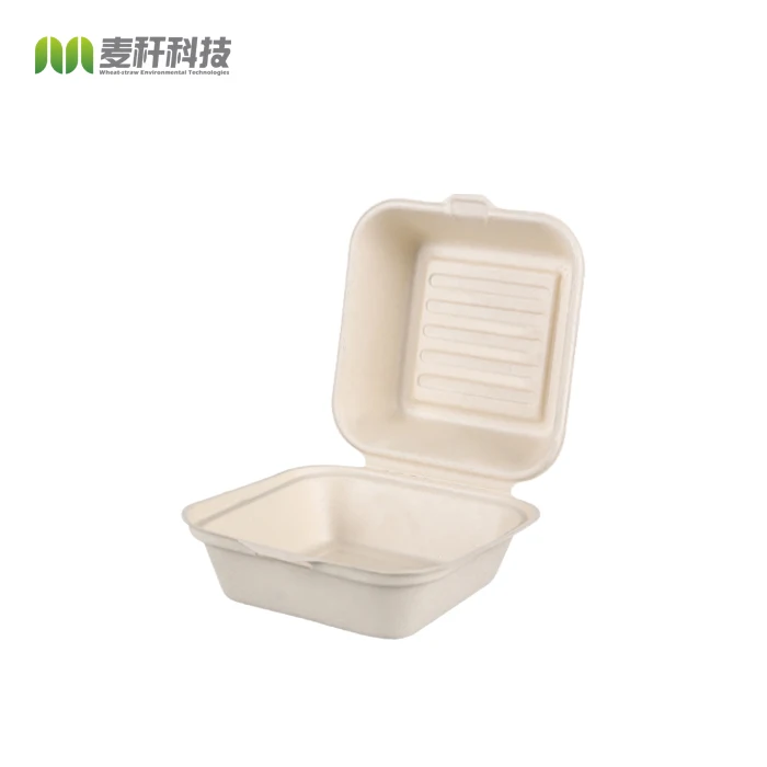 Ok Compostable Renewable Oil and Water Proof Sugarcane Pulp Fast Food Delivery Clamshell Box Cake,pizza Packaging Paperboard