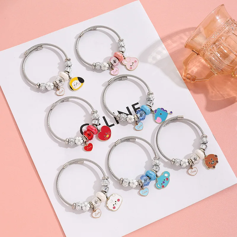 New Hot Kids Student Bracelets Gifts Girls Children Cartoon Animal charm bracelet Glass beads adjustable stainless steel Bangles