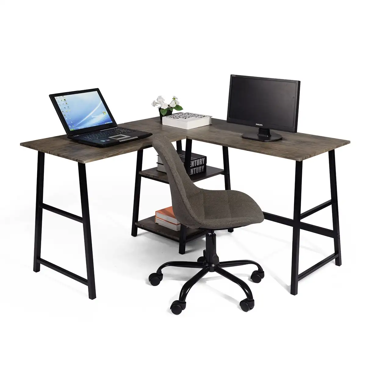Loft Angband L-Shaped Corner Computer Desk Writing Table with Shelf