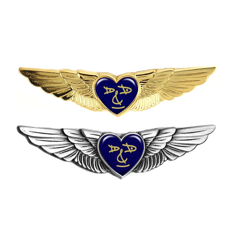Heart shape logo metal zinc alloy embossed 3d gold plated pilot wings shape aviation airline badges for souvenir