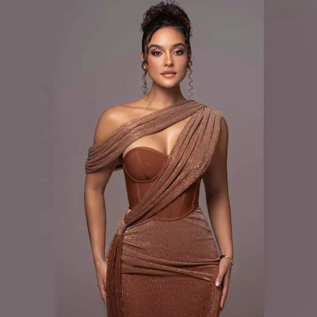 2024 New Women Fashion Oblique Shoulder Sexy Dresses For Ladies Hip Dress Evening Hollow Slim Ribbon Design Female Brown Dress