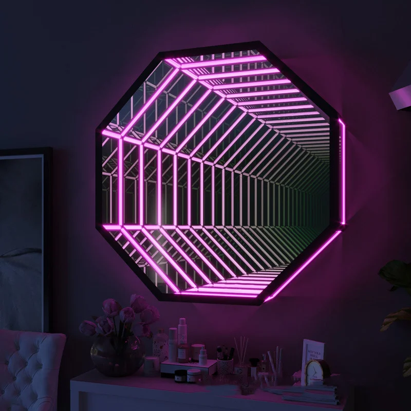 Modern Style Nordic Luxury Octagon RGB 3D Mirror Light Remote Control LED Atmosphere Magical Mirror Wall Lamp