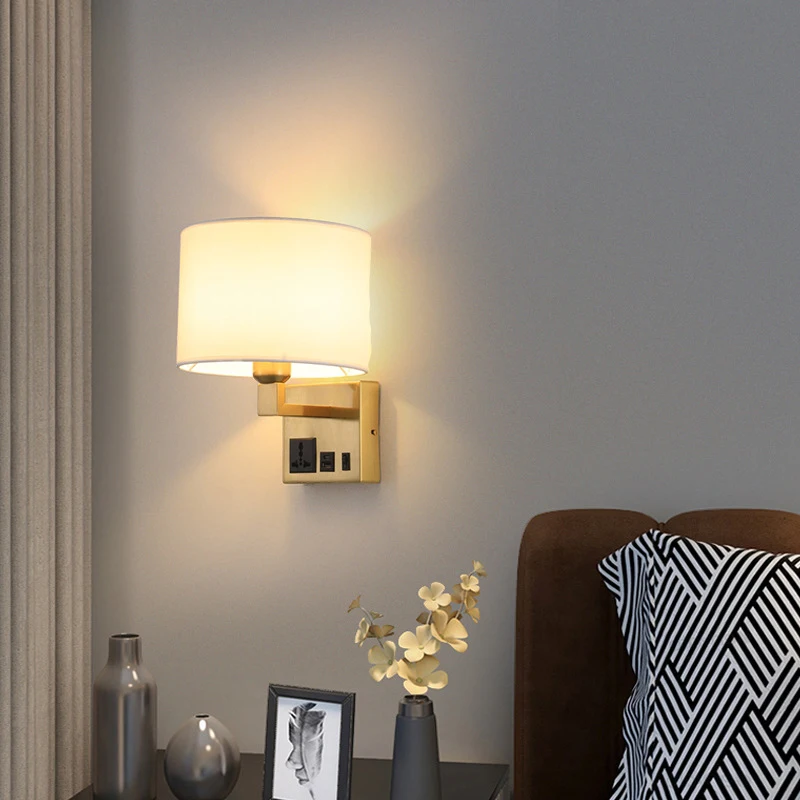 New LED Creative Wall Light Fabric Hotel Bedside Lamp Fabric wall Lamp with AC outlet and USB Charging ports